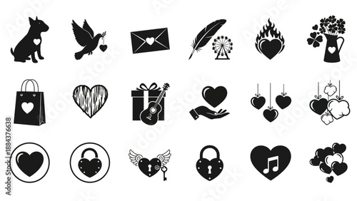 Collection of Heart-Shaped Icons and Symbols Representing Love and Affection in Digital Illustrations
