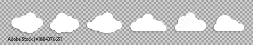 A set of cloud icons of different shapes with shadows on a transparent background. Design elements for weather forecasting, comics, children's books, web interface or cloud applications for data