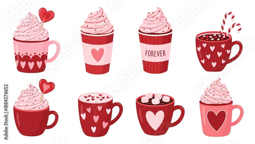 Collection of heart-themed coffee cups with whipped cream and love messages for Valentine's Day celebration