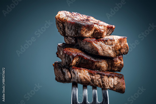 Grilled beef steak stack, close-up, brown tones, dark background