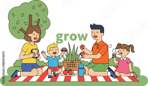Family enjoying a picnic together under a tree on a red and white checkered blanket, surrounded by gardening tools and plants