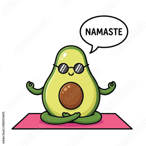 Cartoon avocado character in a yoga pose on a pink mat, saying 'Namaste' to promote wellness and healthy living.