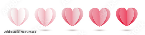 A set of pink hearts with a shadow on a white background. 3d hearts for Valentine's Day, Mother's Day, wedding. Vector illustration.