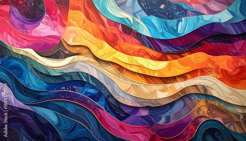 Panel kuchenny z motywem A vibrant abstract composition with layered, undulating forms in a spectrum of saturated hues. Detailed texture adds depth