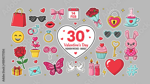 Valentine's Day celebration elements collage featuring heart, rose, gift, love, and butterfly icons in a festive arrangement