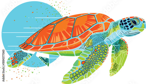 Colorful sea turtle illustration with orange shell and green flippers swimming against a blue sun, vibrant ocean wildlife vector isolated on white