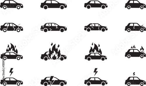 Vehicle Damage Icons Collection – Crash, Fire, Breakdown & Warning Cars