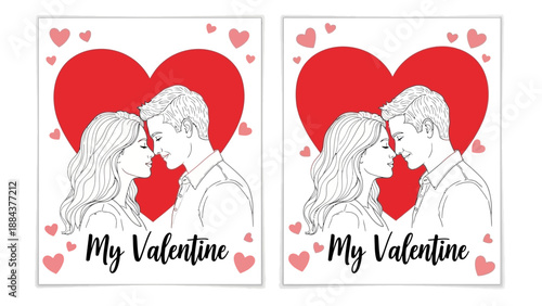 Couple Sharing a Romantic Moment on Valentine's Day Illustrated on White Background with Love Hearts