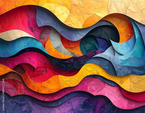 A vibrant abstract composition with layered, textured waves of various vivid colors and a sense of depth and movement