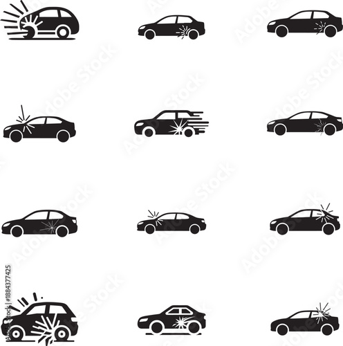 Car Crash and Accident Icon Set – Vehicle Collision, Impact Damage and Traffic Accident Silhouette Illustrations