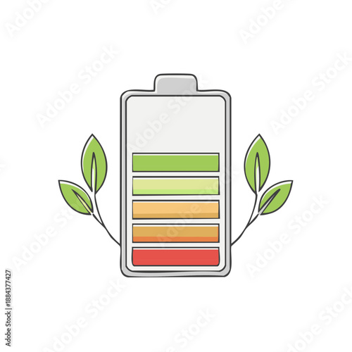 Stylized rechargeable battery with leaves, showcasing sustainable energy and environmental consciousness in a vector graphic.