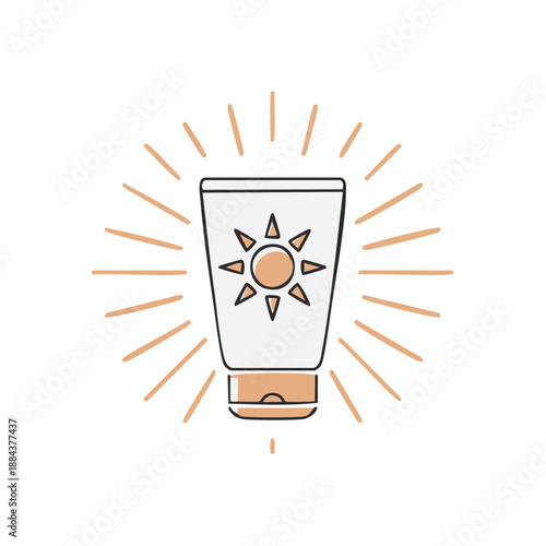 Sunscreen Tube Illustration with Light Rays for Summer Protection, Sun Cream Skin Care Product for Holiday Vacation