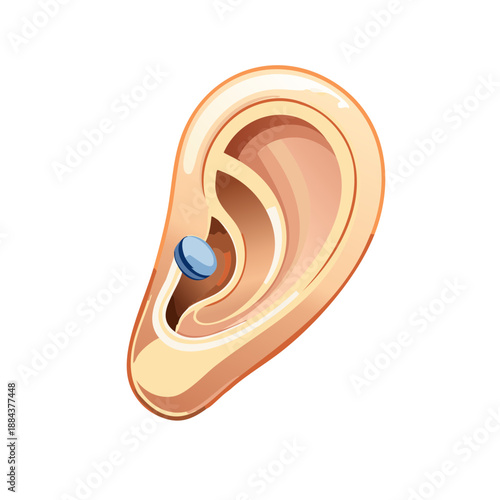 Human ear with a tragus piercing and small blue earring. Cartoon vector. Minimalist. Skin anatomy. Body modification. Tragus jewelry.