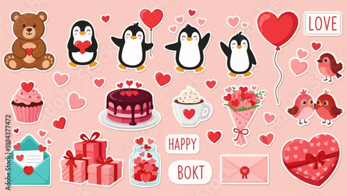 A digital illustration featuring penguins, hearts, and gift elements celebrating love and happiness from a direct viewpoint