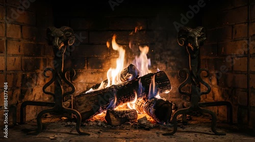 Warm Fire Burning in Brick Fireplace with Black Iron Fire Dogs and Rustic Ambiance