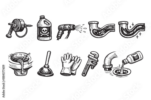 A hand-drawn style illustration features plumbing tools and drain cleaning equipment, creating a vintage or instructional feel on a white background.