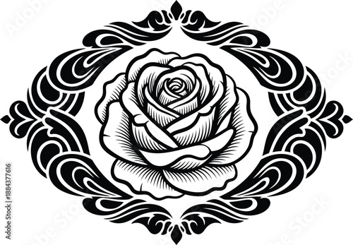 Intricate black and white rose tattoo design