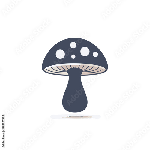 Graphic illustration of a dark blue spotted mushroom with a thick stem and ribbed underside