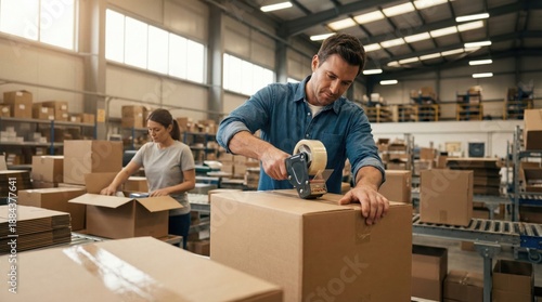 Efficient warehouse workers packing boxes,man sealing cardboard package with tape gun,logistics and shipping operations in distribution center