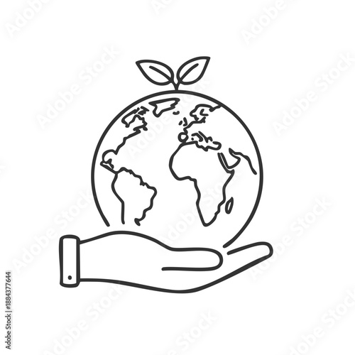 Hand holding a globe with a plant, signifying environmental protection and sustainability