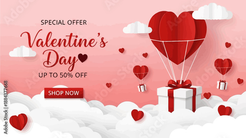 Heart-shaped balloon floats above gift box with hearts and clouds on Valentine's Day sale banner