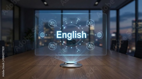 English language learning concept with holographic communication icons,global education and translation in digital classroom