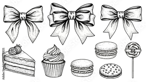 A collection of hand-drawn dessert illustrations including cakes, cupcakes, macarons, and bows from a front viewpoint