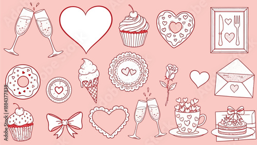 Assorted romantic illustrations including hearts, desserts, and champagne flutes, celebrating love and affection in a whimsical Valentine's Day theme