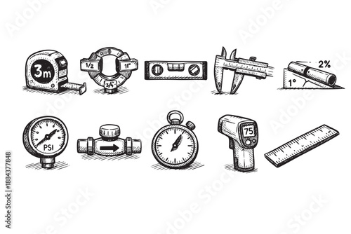 A set of hand-drawn sketches of various measurement tools, including a tape measure, level, calipers, pressure gauge, and more, on a white background.
