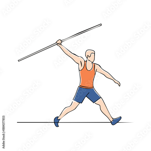 Athlete prepares to throw javelin during sports competition in dynamic action line art illustration