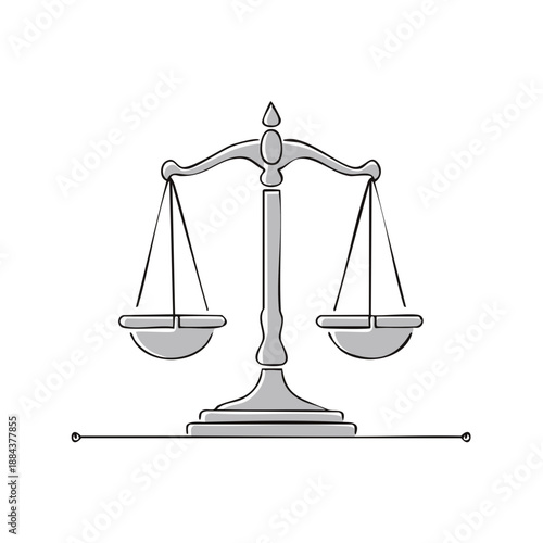 Minimalist line art drawing of a balancing scales of justice representing legal system or equitable resolution.