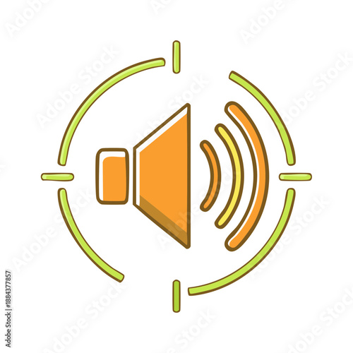 Vivid Orange Speaker Sound Wave Icon with Green Target Rings, Audio Signal Indicator, Volume Symbol for Media