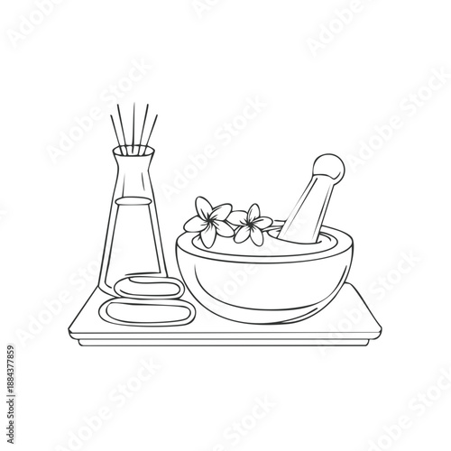 Line art drawing of spa treatment elements on a tray with flowers for aromatherapy and relaxation.