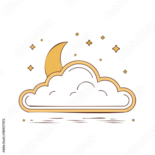 Cloudy night sky with crescent moon and stars in simple cartoon illustration style