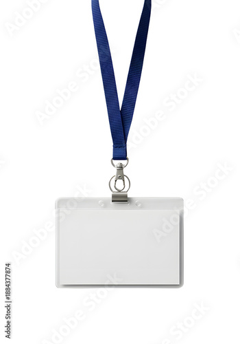 Blank white ID card badge with a blue lanyard, access pass mockup isolated on a white or transparent background
