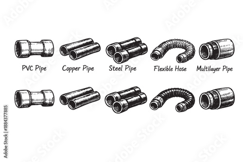Hand-drawn illustration showcases plumbing pipes like PVC, copper, steel, flexible hose, and multilayer pipes for engineering and construction industry concepts.