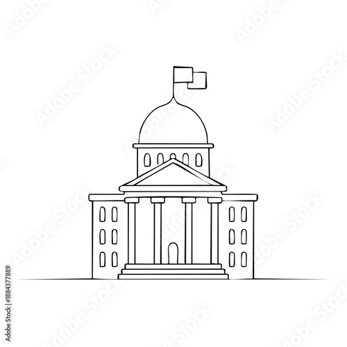 Simple building sketch of a historic government building with flags on white.