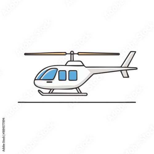 White helicopter with two blades on landing pad in simple cartoon style, front-side view, colorful vector illustration on clean background