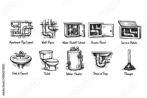 Illustrated sketch of plumbing system components including pipes, sink, toilet, water heater, and maintenance equipment, perfect for technical illustration and design purposes.