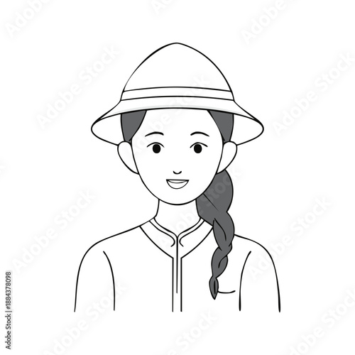 Woman Portrait Wearing Pith Helmet: Single Continuous Line Drawing of Explorer Outfit