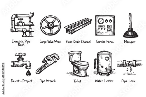 Hand drawn sketch collection showing plumbing elements, including toilet, pipe leak, water heater, plunger and faucet, ideal for illustrating plumbing projects.