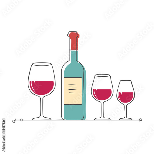 Wine Bottle and Glasses Still Life Art, Beverage Illustration, Alcoholic Drink, Wine-Tasting Concept.