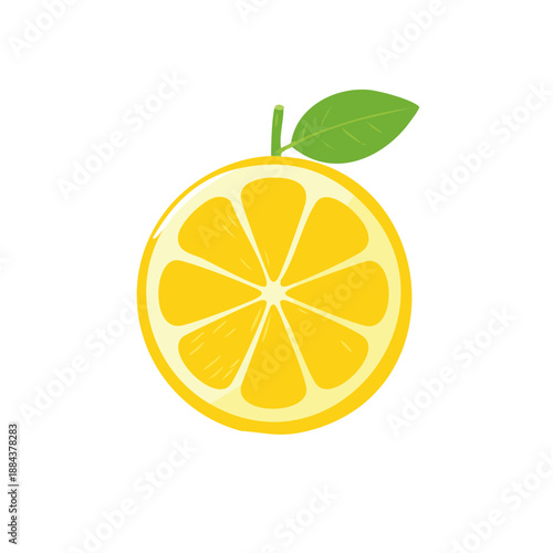 Bright Lemon Slice Displaying Juicy Segments and Vibrant Yellow Peel with a Green Leaf