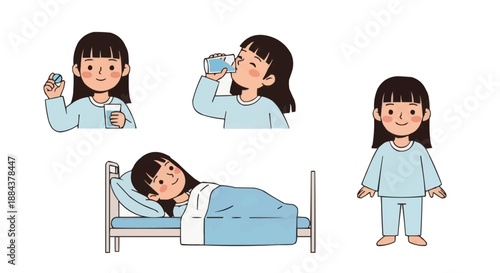 Illustrated health journey of a young girl, depicting her taking medicine, staying hydrated, resting peacefully in bed, and recuperating, emphasizing essential care and recovery during illness