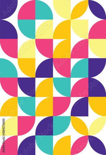 Vibrant Retro Geometric Semi-Circle Pattern Background – Bold Multicolor Rainbow Yellow Pink Blue Turquoise Purple Abstract Vector 