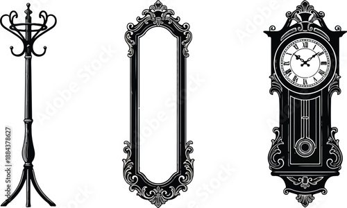 Vintage Home Decor Collection Ornate Mirror Grandfather Clock and Coat Rack.