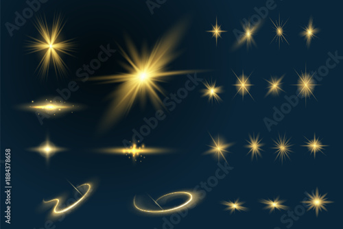 Glow isolated white transparent light effect set, lens flare, explosion, glitter, line, sun flash, spark and stars. Abstract special effect element design.