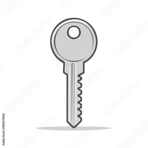 Single metal key with shadow on a white background. Key with grey fill and black outline for locking or unlocking doors.
