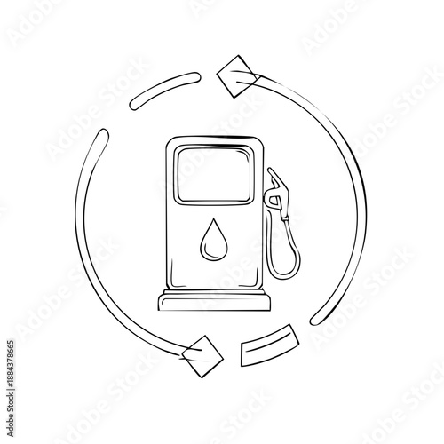 Illustration of a fuel pump in a circle with arrows depicting process of fuel refueling and paying by credit card