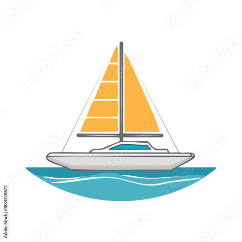 Sailboat navigating turquoise water waves with an orange sail and gray hull on a sunny day
